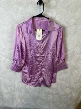 Collection Purple Satin Long Sleeve Blouse Size M